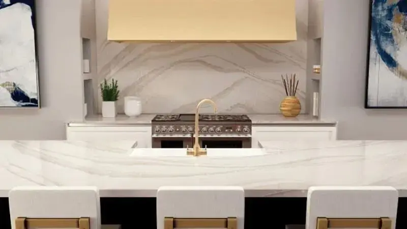 Brittanicca Gold Quartz Kitchen Island and Countertops