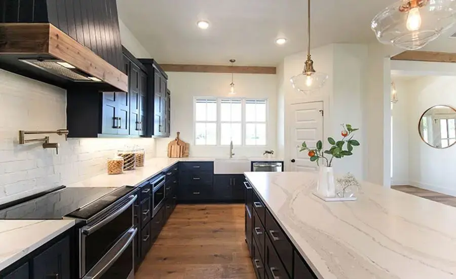 Brittanicca Gold Quartz Kitchen Island and Countertops