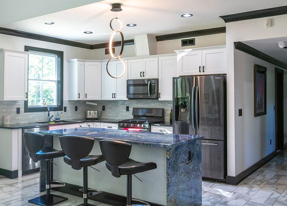 Blue Bahia Granite Kitchen Countertops White Cabinets