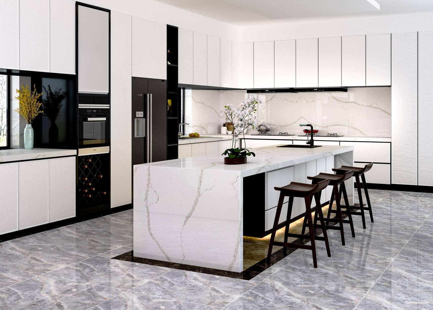 Calacatta Oro Quartz Waterfall Island and Countertops