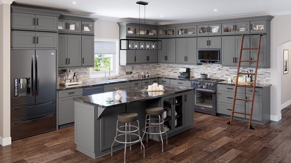 Dark Gray Shaker Kitchen Cabinets and Island