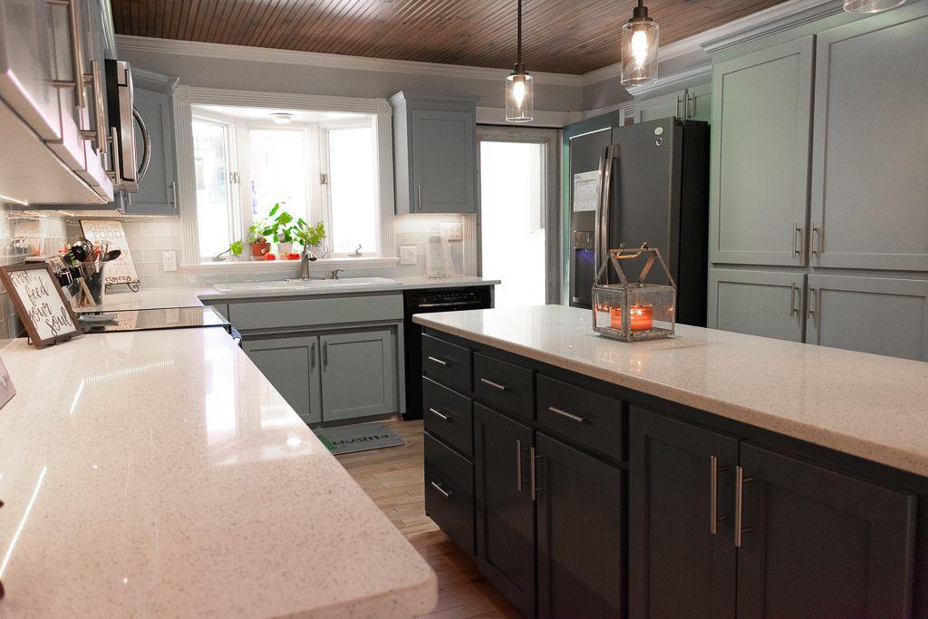 White Lace Quartz Countertops Gray Cabinets