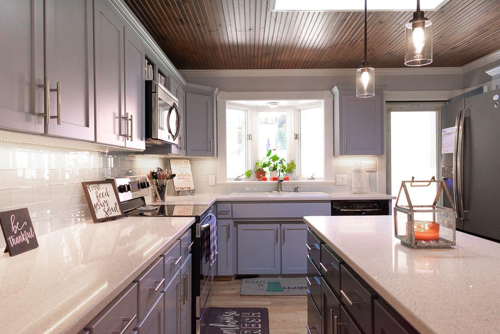 White Lace Quartz Countertops Gray Cabinets